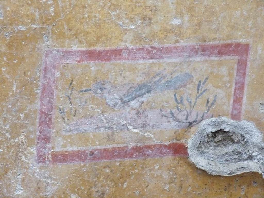 I.8.14 Pompeii. December 2007. Room 9, north wall with detail of painted panel of a bird on yellow panel at east end. 