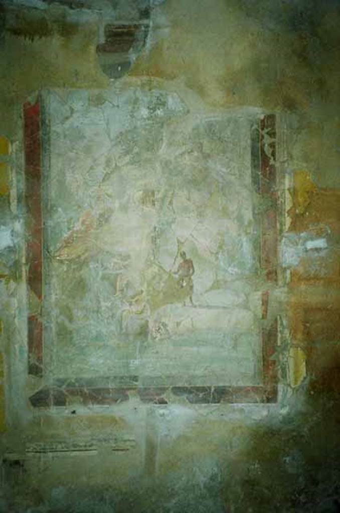 I.8.17 Pompeii. June 2010. Room 8, west wall. Wall painting of Pan and the nymphs. Photo courtesy of Rick Bauer.
