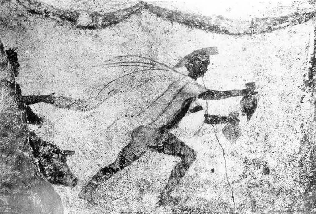 1.9.1 Pompeii. 1912. East wall of vestibule, with remains of wall painting of Mercury and Hercules. 
According to Frhlich, Hercules stands to the left, with his right arm outstretched.
Under the arm the front part of a pig was still just visible.
In the right of the painting is Mercury in short white tunic and cloak, winged helmet and ankles.
He is rushing to the right, his arms outstretched and holding two purses one in each hand.
In the missing left section was possibly Bacchus.
See Frhlich, T., 1991. Lararien und Fassadenbilder in den Vesuvstdten. Mainz: von Zabern. (F6, and Photo 52,1).
According to Spinazzola this was a Triad which also included Bacchus (lost).
See Spinazzola V., 1953. Pompei alla luce degli Scavi Nuovi di Via dellAbbondanza (anni 1910-1923): Vol. I. Roma: La Libreria della Stato, p.168-9.

