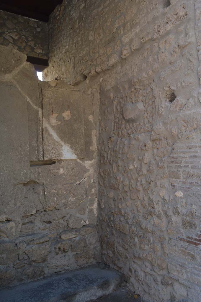 I.9.1 Pompeii. October 2017. Room 1, south-west corner and west wall of entrance vestibule.
According to Frhlich, on the west wall were the faint remains of a painting of a female figure, possibly Venus Pompeiana.
To the left of this was a painting of Juno and Minerva.
See Frhlich, T., 1991. Lararien und Fassadenbilder in den Vesuvstdten. Mainz: von Zabern. (F6, and Photo 52,2).
Foto Taylor Lauritsen, ERC Grant 681269 DCOR.
