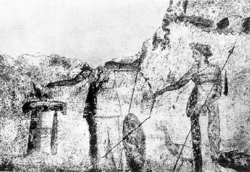1.9.1 Pompeii. 1912. West wall of vestibule, with remains of wall painting of Juno and Minerva. 
Juno is wearing a Chiton and holding the sceptre in her left hand and a patera in the right.
Behind her stands a peacock. On the extreme left stands Minerva in a long robe with a gorgon head on the breast.
A large shield is to her left, her left hand holds the lance and her right over a round altar, sacrificing.
See Frhlich, T., 1991. Lararien und Fassadenbilder in den Vesuvstdten. Mainz: von Zabern. (F6, and Photo 52,2).
According to Spinazzola this was a Triad which also included Venus (lost).
See Spinazzola V., 1953. Pompei alla luce degli Scavi Nuovi di Via dellAbbondanza (anni 1910-1923): Vol. I. Roma: La Libreria della Stato, p.168-9.


