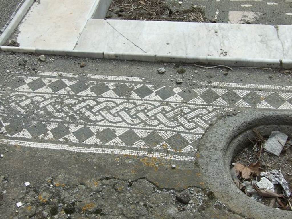 .9.1 Pompeii. March 2009. Room 2, atrium, external border showing beautiful mosaic and marble impluvium.
The external border featured a black and white mosaic braid between two bands of black squares set in a white mosaic.
.