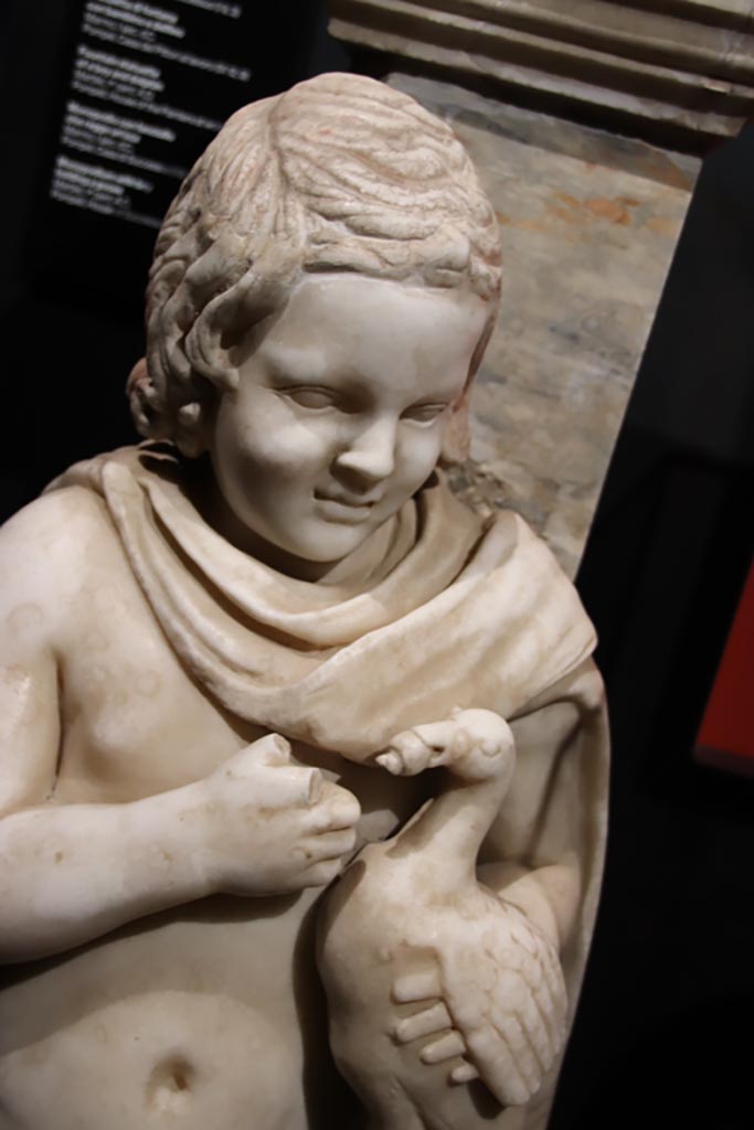 I.9.3 Pompeii. May 2024.
Room 6, garden area, north portico, detail of statue of small boy with goose.
Photo courtesy of Klaus Heese.
On display in exhibition “L’altra Pompei, vite comuni all’ombra del Vesuvio”.