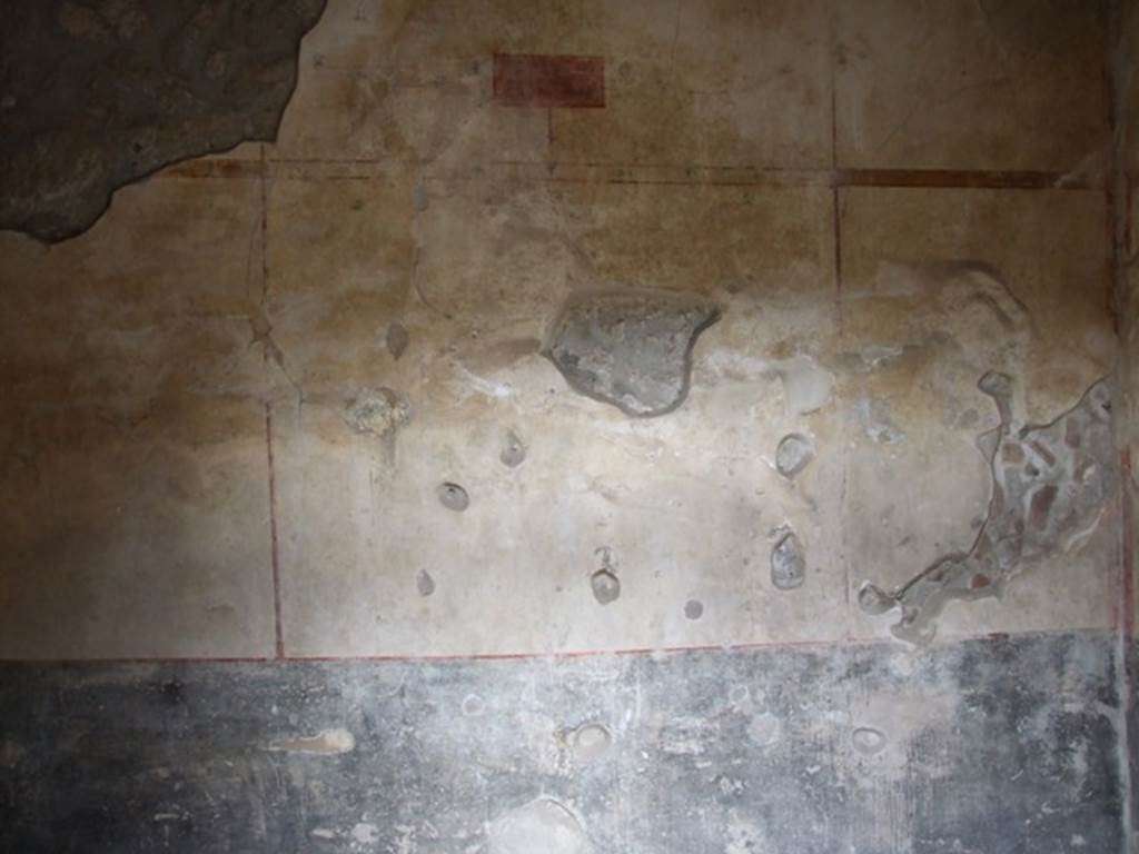 I.9.3 Pompeii. March 2009. Room 3, east wall with black zoccolo, the middle area of the wall was white. The central panel had a faded vignette.
