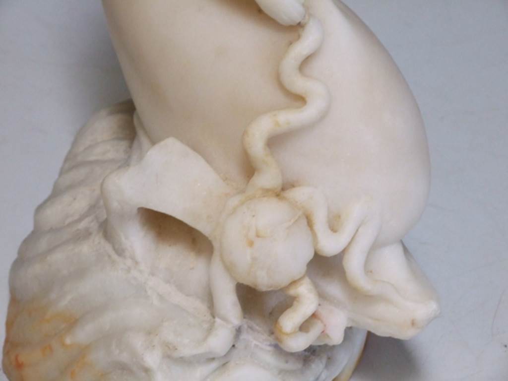 I.9.14 Pompeii. Marble fountain statuette. Amorino on dolphin with octopus. SAP inventory number 8126. Found in 1951.