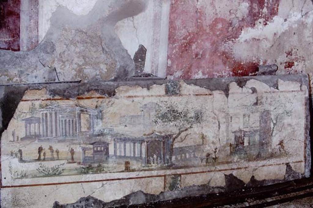 I.9.14 Pompeii. 1968. Landscape with three temples, found on the west wall of the west portico at its south end. Photo by Stanley A. Jashemski.
Source: The Wilhelmina and Stanley A. Jashemski archive in the University of Maryland Library, Special Collections (See collection page) and made available under the Creative Commons Attribution-Non Commercial License v.4. See Licence and use details. J68f1436
See Carratelli, G. P., 1990-2003. Pompei: Pitture e Mosaici: Vol. II. Roma: Istituto della enciclopedia italiana, p. 216.