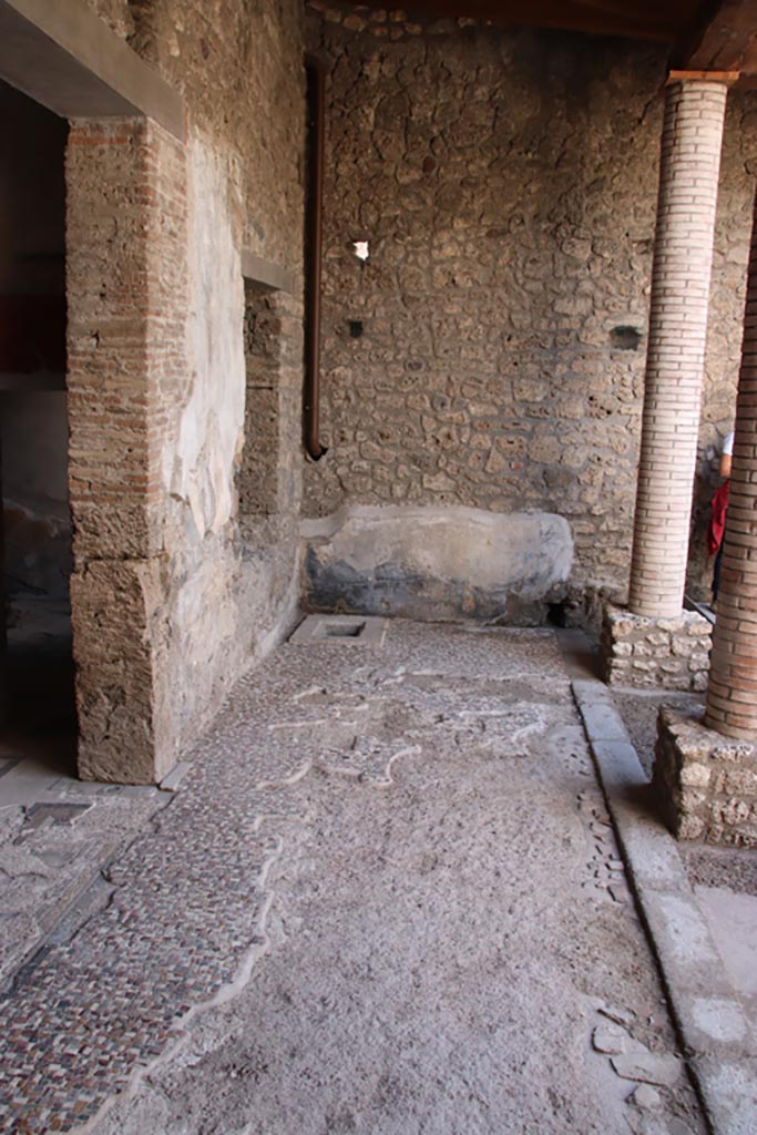 I.9.14 Pompeii. October 2022.
Room 2, portico/lower garden area, south-west corner with cistern-mouth. Photo courtesy of Klaus Heese.