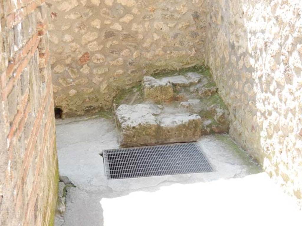 I.10.4 Pompeii. May 2015.  Passageway P1, leading to services area from south-east corner of portico. Looking south. Photo courtesy of Buzz Ferebee.
