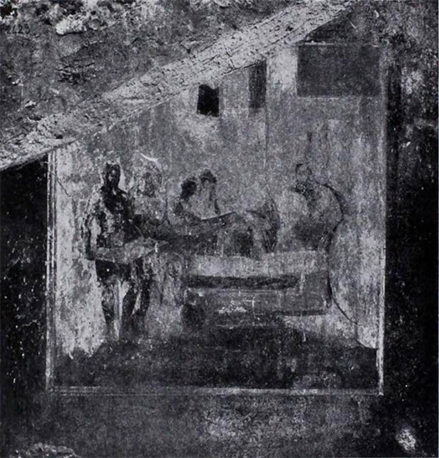 1.10.7 Pompeii. 1934. Room 8, north wall, wall painting of the Sacrifice of Sophonisba. 
See Notizie degli Scavi di Antichit, 1934, p.283, fig. 9.
