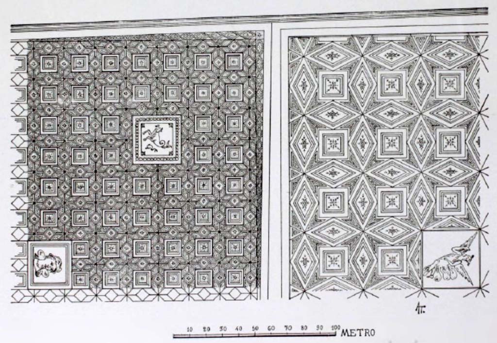 I.10.7 Pompeii. Room 8, drawing of geometric design on ceiling with figures.
See Notizie degli Scavi di Antichit, 1934, Tav X. 
On page 282, the ceiling is described 
The beautiful ceiling with black background with diamond weaves and yellow and red squares, and a central square adorned with a feminine figure, of an elegant geometric pattern, whose fragments were largely collected from the ground, recomposed and relocated (Tav. X) in situ.
In the antechamber the design of the ceiling varies a little, in the pattern that was given by a dense interweaving of small squares and Greek crosses.
(Completava il carattere sobriamente decorativo dellinsieme, il bel soffitto a fondo nero con intreccio di rombi e quadrati gialli e rossi, e quadrato centrale ornato da un figura femminile, di elegante motivo geometrico, i cui frammenti vennero in buona parte raccolti dal suolo, ricomposti e ricollocati (Tav.X) in situ.
Nellanticamera il disegno del soffitto varia di poco, nel motivo che era dato da un fitto intreccio di piccolo quadrati e di croci greche.)  (p.282)

