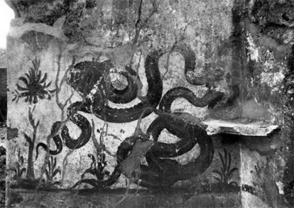 I.10.7 Pompeii. Old undated photo. Room 11, south-west corner, remains of lararium, with two serpents.