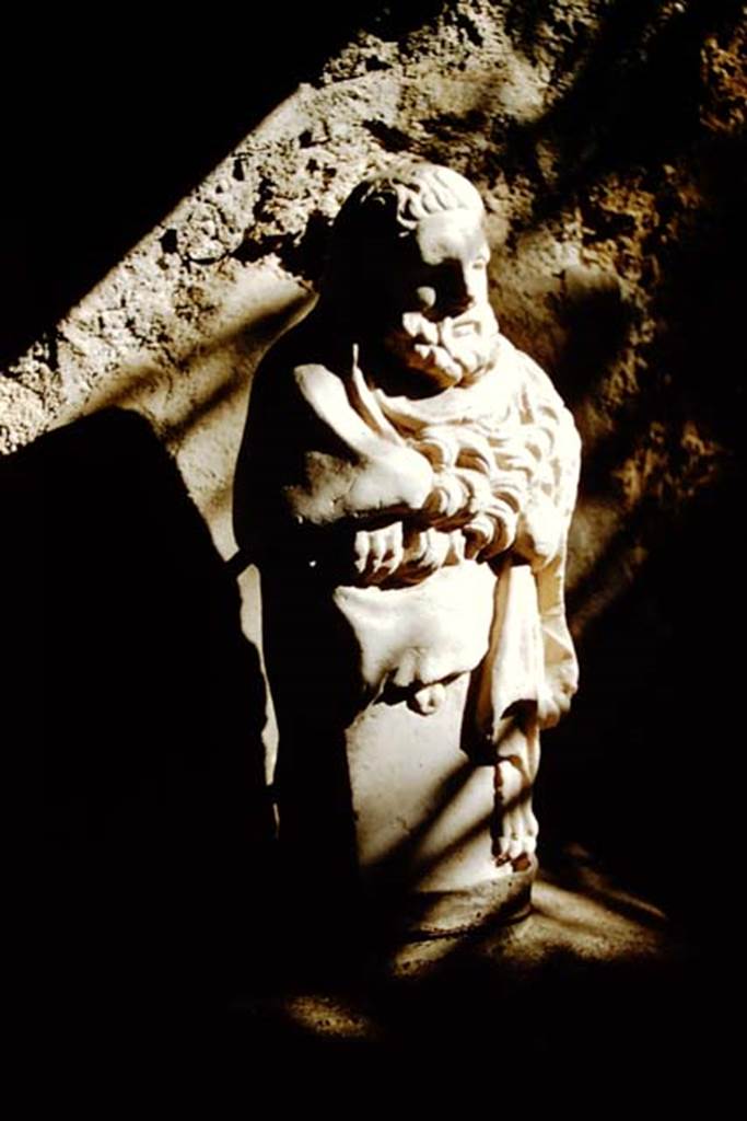 I.10.7 Pompeii. 1959. Room 11, marble statuette of Hercules found on shelf on south wall. 
Photo by Stanley A. Jashemski.
Source: The Wilhelmina and Stanley A. Jashemski archive in the University of Maryland Library, Special Collections (See collection page) and made available under the Creative Commons Attribution-Non Commercial License v.4. See Licence and use details.
J59f0184
