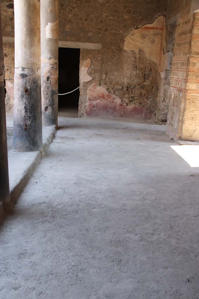 I.10.11 Pompeii. September 2021. 
Room 10, peristyle, looking south across west portico towards doorway to room 19, with doorways to atrium, on right. 
Photo courtesy of Klaus Heese.

