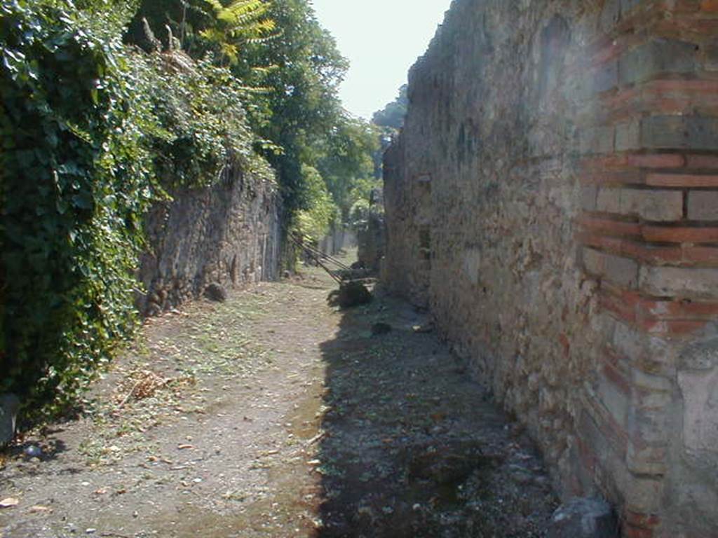 Roadway between I.19 and I.2 from I.10.11 Pompeii looking south. September 2004.