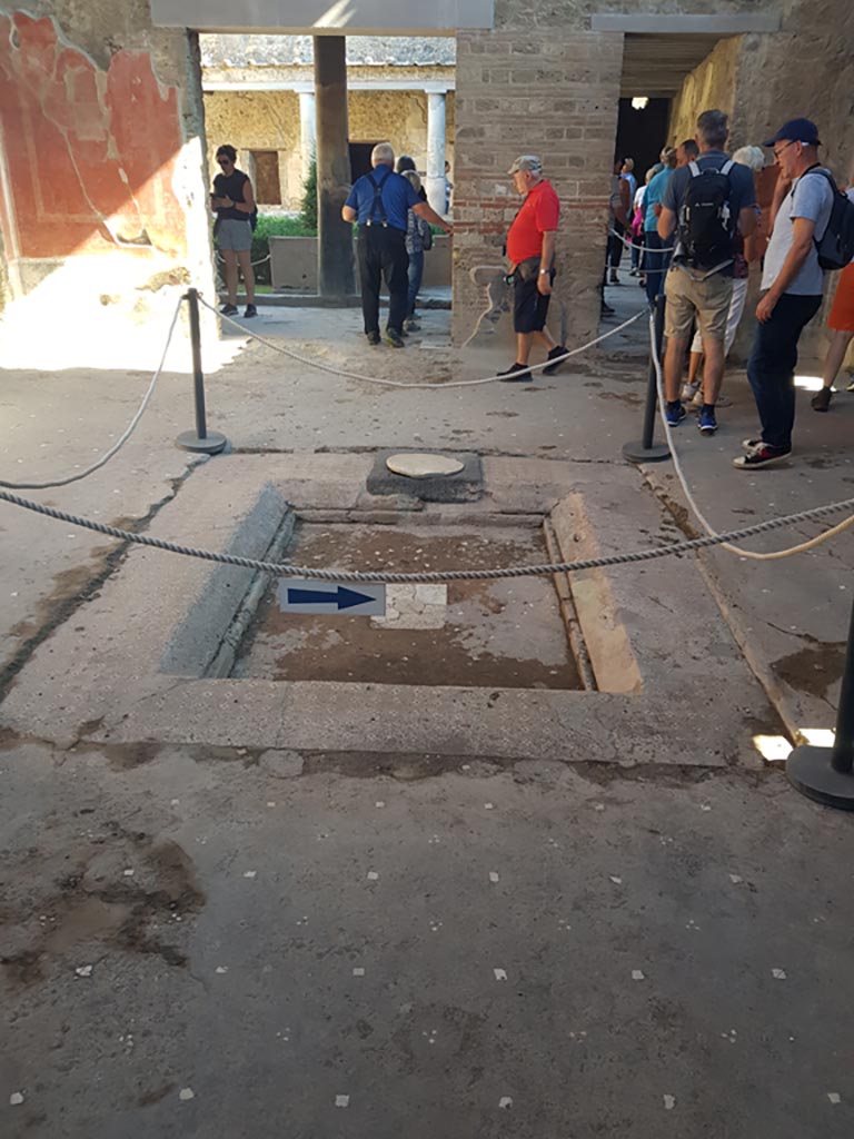 I.10.11 Pompeii. October 2022. 
Room 2, looking east across impluvium and flooring in atrium. Photo courtesy of Klaus Heese.
The impluvium was edged with cocciopesto and decorated with white and black tesserae (crosses). 
The flooring was of lavapesta with a decoration of dotted large white tesserae.



