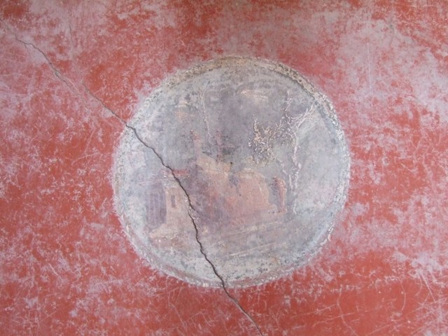 I.10.11 Pompeii. March 2009. Room 2, painted medallion of bread and plate from north-west corner of atrium. See Bragantini, de Vos, Badoni, 1981. Pitture e Pavimenti di Pompei, Parte 1. Rome: ICCD. 
