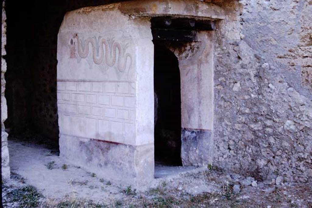 I.11.11 Pompeii. 1964. Lararium painted on exterior south wall of latrine. Photo by Stanley A. Jashemski.
Source: The Wilhelmina and Stanley A. Jashemski archive in the University of Maryland Library, Special Collections (See collection page) and made available under the Creative Commons Attribution-Non Commercial License v.4. See Licence and use details.
J64f1886
