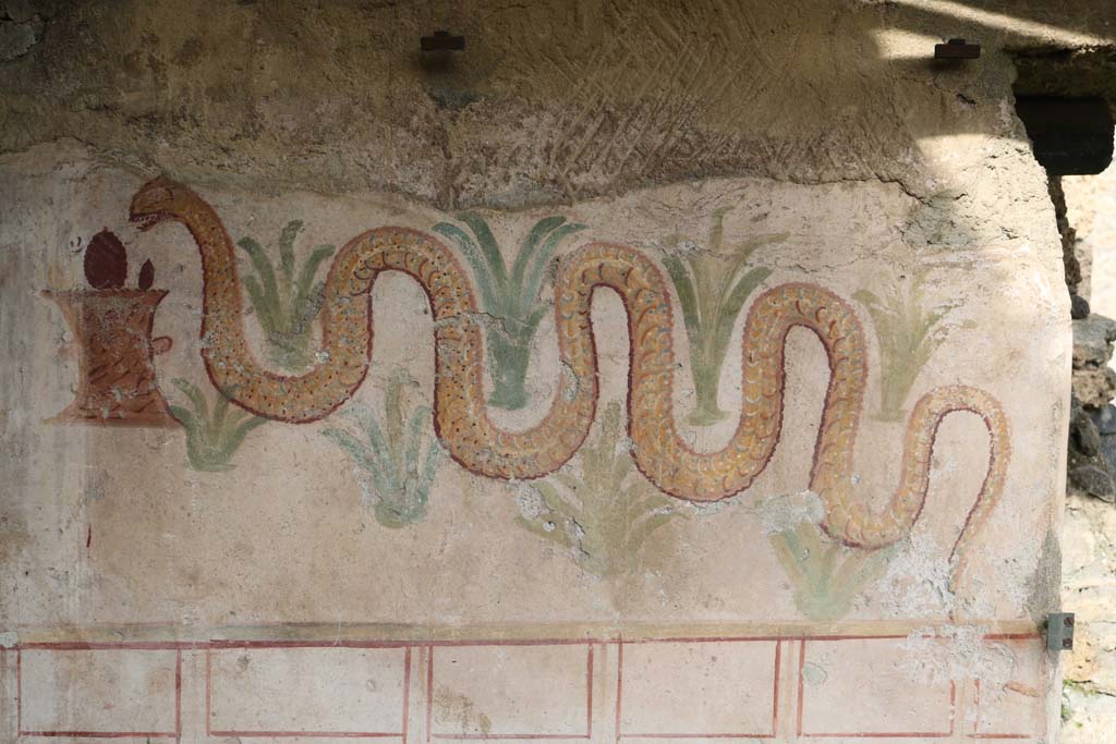 I.11.11 Pompeii. December 2018. Detail of Lararium painted on exterior south wall of latrine. Photo courtesy of Aude Durand.
