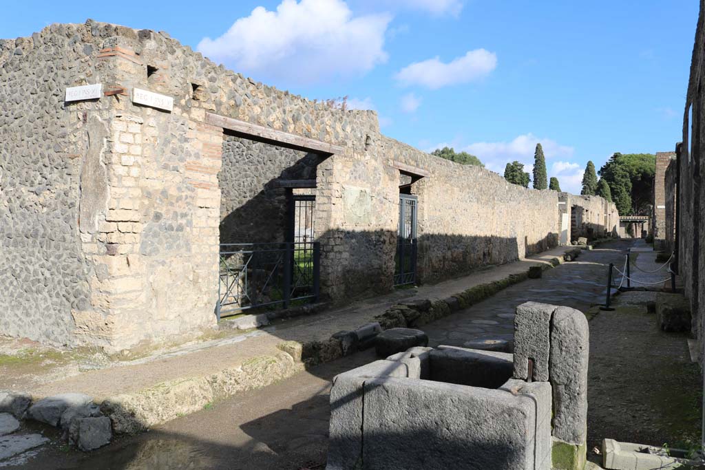 I.11.11 Pompeii. December 2018. 
Looking towards entrance doorways on north side of Via di Castricio, looking east. Photo courtesy of Aude Durand.
