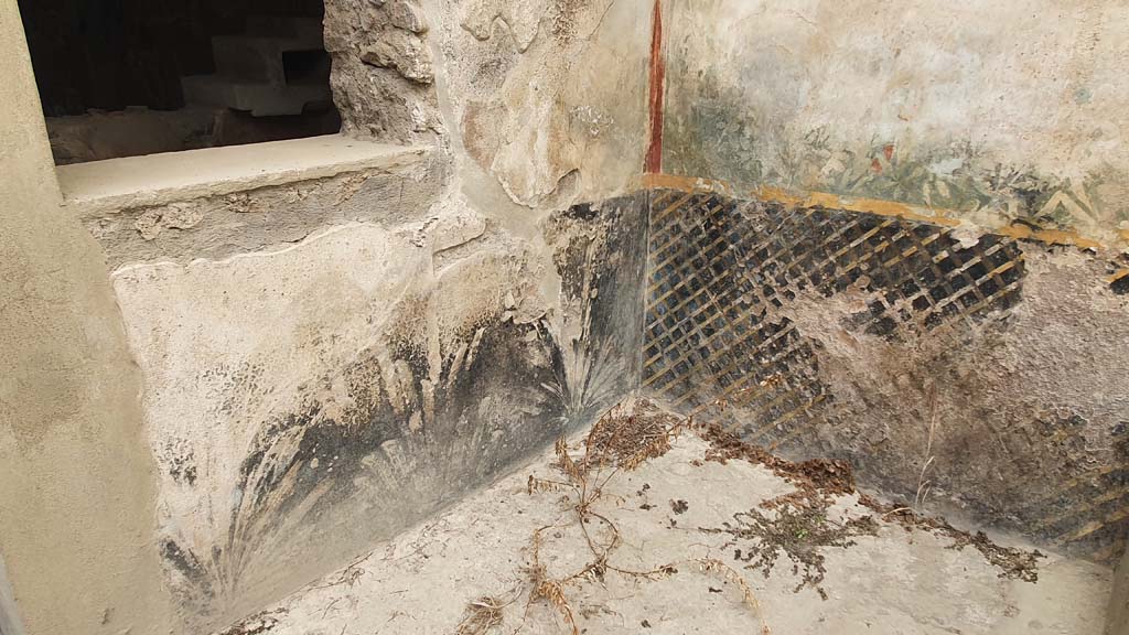 I.11.16 Pompeii. July 2021. Room 6, painted lower walls in north-west corner.
Foto Annette Haug, ERC Grant 681269 DÉCOR.
