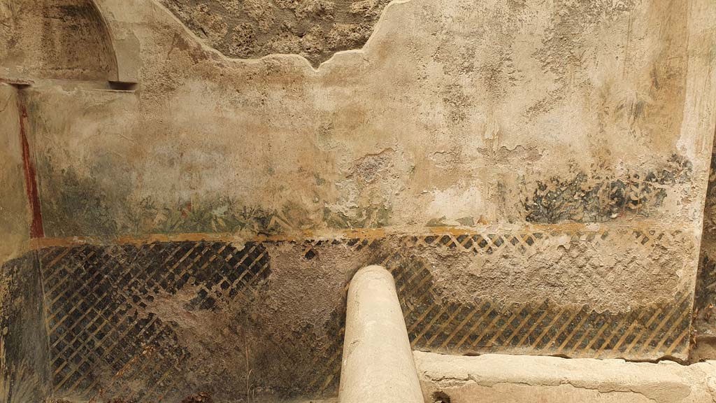 I.11.16 Pompeii. July 2021. Room 6, detail of painted trellis pattern on north wall in north-west corner.
Foto Annette Haug, ERC Grant 681269 DÉCOR.
