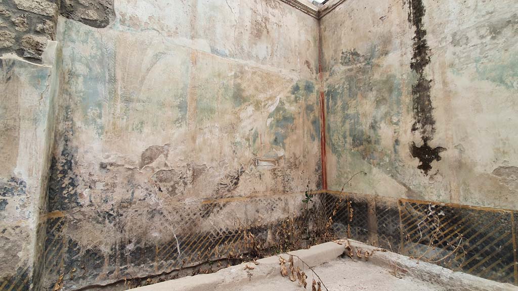I.11.16 Pompeii. July 2021. Room 6, looking towards north wall and north-east corner of triclinium.
Foto Annette Haug, ERC Grant 681269 DÉCOR.



