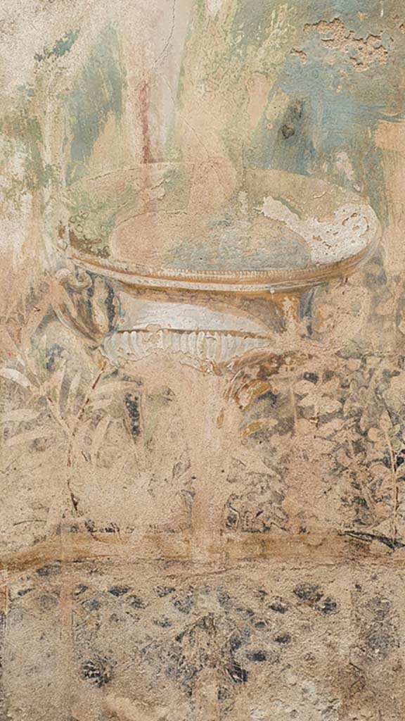 I.11.16 Pompeii. July 2021. Room 6, painted garden scene with urn, from north wall.
Foto Annette Haug, ERC Grant 681269 DÉCOR.
