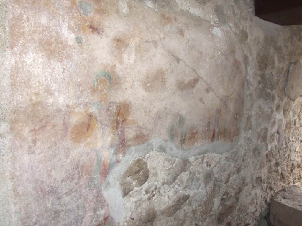 I.11.17 Pompeii. December 2007. Room 6, remains of lararium painting on east wall of kitchen.
According to Frhlich, there was a white painted wall surface. 
At the bottom, about in the middle, the upper ends of two palm bushes are visible. 
To the left and right are the flanking Lars. 
At the top are two garlands. The remains of a third garland has survived on the left edge.
See Frhlich, T., 1991, Lararien und Fassadenbilder in den Vesuvstdten. Mainz: von Zabern. (L23 on p.258).
