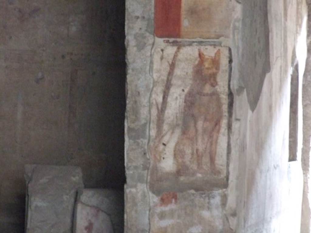 I.12.3 Pompeii. December 2006. Room 1. Caupona. Portrait of dog on pillar.