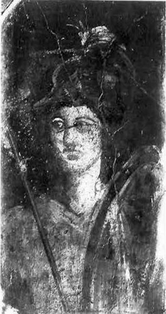 I.12.3 Pompeii. Old photo c.1915 of painting of Minerva at top right of doorway.
See Fröhlich, T., 1991. Lararien und Fassadenbilder in den Vesuvstädten. Mainz: von Zabern. F10, Taf. 54,3.
