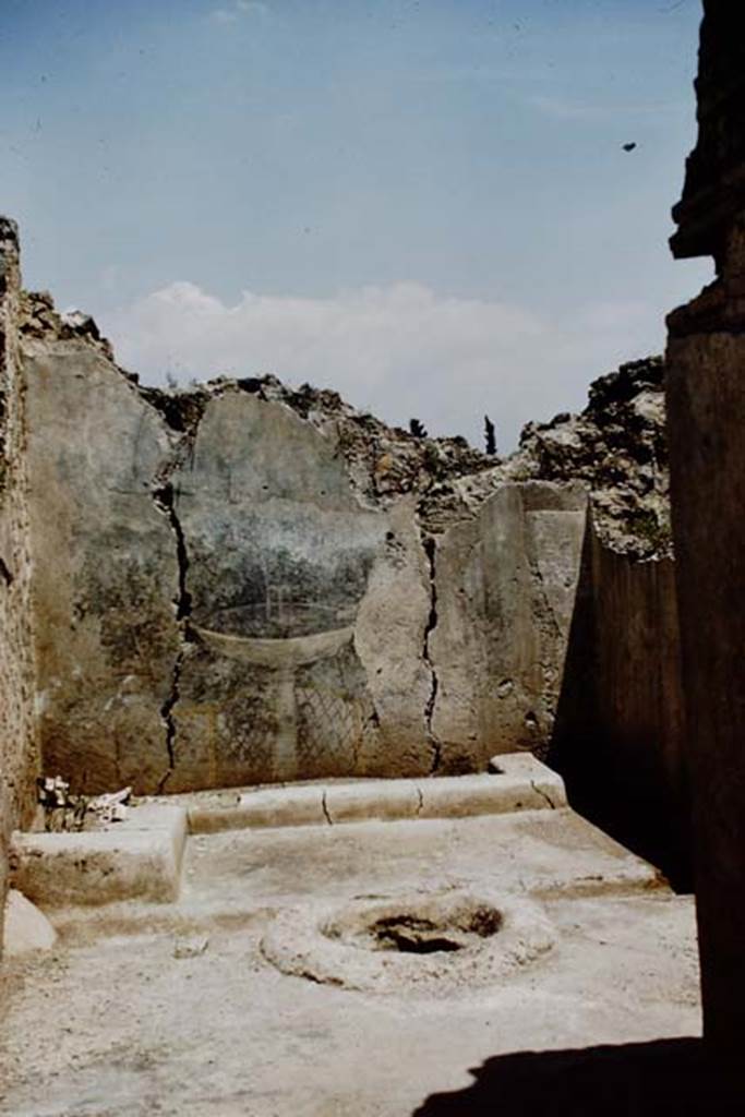I.12.16 Pompeii. 1961. East wall with garden painting, cement kerb perhaps enclosing a strip of soil, and in front a small courtyard with the cistern opening. Photo by Stanley A. Jashemski.
Source: The Wilhelmina and Stanley A. Jashemski archive in the University of Maryland Library, Special Collections (See collection page) and made available under the Creative Commons Attribution-Non Commercial License v.4. See Licence and use details.
J61f0235