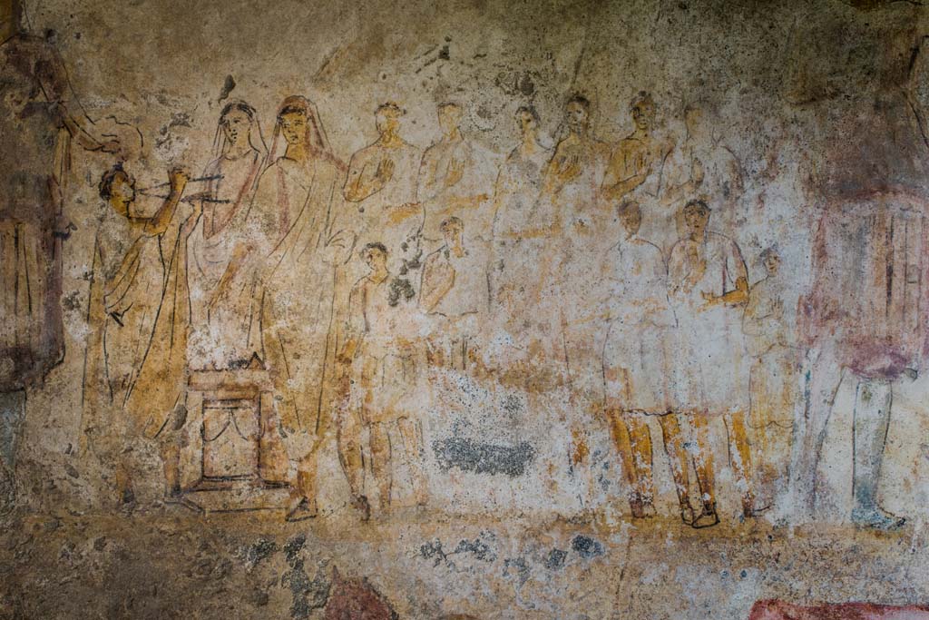 I.13.2 Pompeii. July 2018. Detail of lararium painting on east wall of kitchen. Photo courtesy of Johannes Eber.