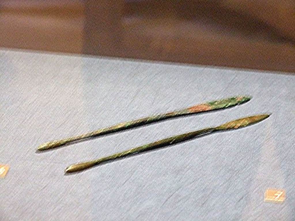 I.13.2 Pompeii. Bronze medical probe or Sonda (at front). SAP 11527. Photographed at “A Day in Pompeii” exhibition at Melbourne Museum.  September 2009.