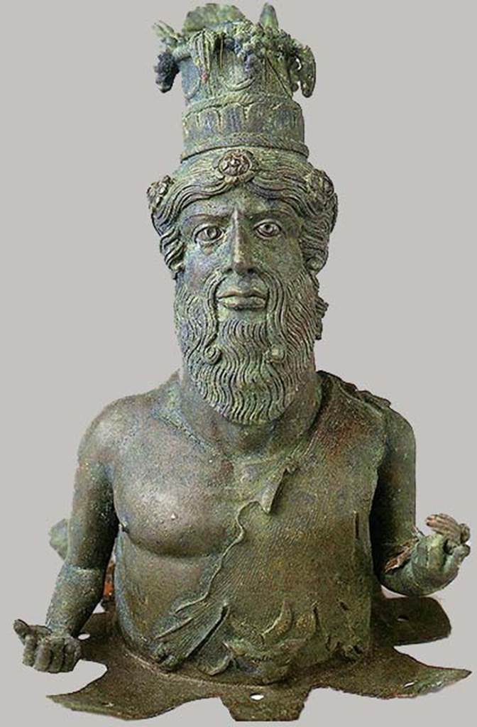 I.13.9 Pompeii, Bust of Dionysus-Sabazius wearing a leather skin. In his right hand he holds a poppy. His left hand is open and empty.
SAP inventory number 11471.
See 2005. Cibi e Sapori a Pompei e Dintorni. Exhibition Catalogue: Boscoreale, p. 36.
See Berry, J., 2007. The Complete Pompeii. London: Thames & Hudson, p. 200.
See Conticello, B., Ed, 1990. Rediscovering Pompeii. Rome: L’Erma di Bretschneider, p. 137.
See Elia O., 1961. Bacco Fancillo e Dioniso chtonio a Pompeii: Bolletino d'Arte series 4, p. 4.