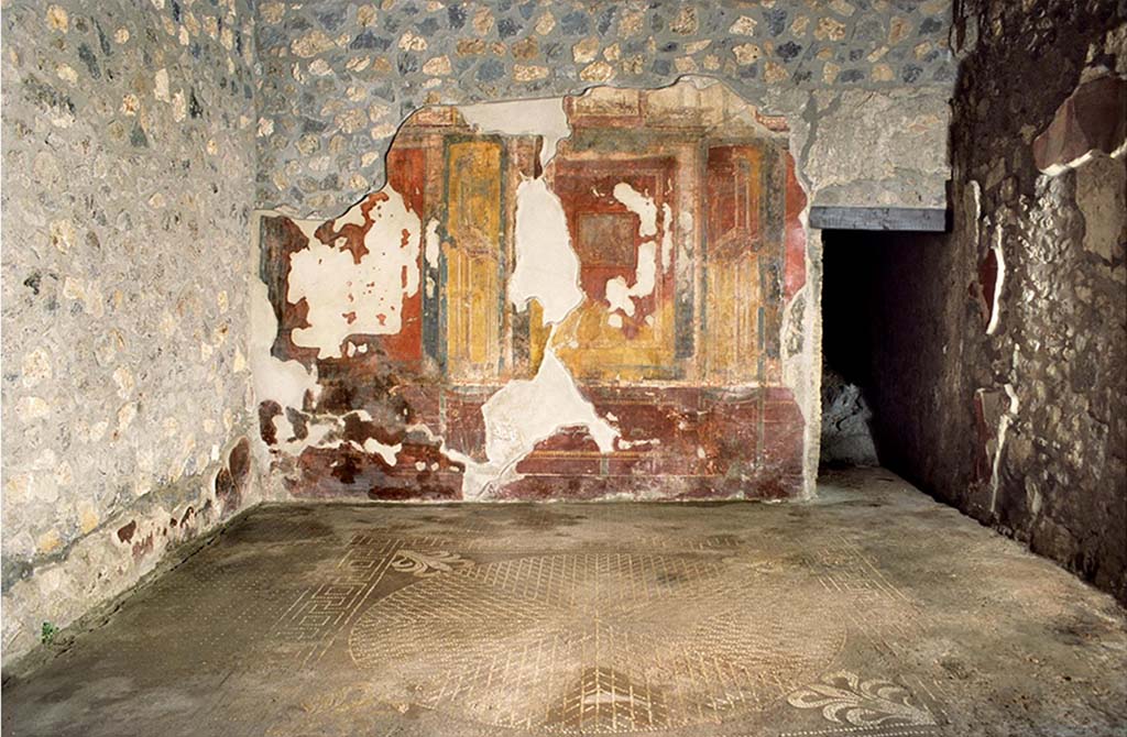 I.14.2 Pompeii. Room H, east wall and mosaic floor. Fig. 161 Oecus H, vue ouest / est ( CNRS-CCJ, Christine Durand).
Voir Chapitre 2 : Latelier de fabrication de nattes de la via di Nocera (I 14, 2) in Magali Cullin-Mingaud, 2010. La vannerie dans l'Antiquit romaine: Collection du Centre Jean Brard 35. Paris. Centre Jean Berard, p. 129-171, fig. 161.
https://books.openedition.org/pcjb/706  

According to Nappo, the floor of the wide room 4.80m x 4.60m consists of a very particular cocciopesto with decoration outlined in white tiles: a wide fillet band with regular dots encloses a square carpet with an edge consisting of meanders alternating with squares with centre point. The field encloses a rosette of diamonds clearly divided in four parts, in correspondence with the lanceolate tip of the palmettes placed in the corner at the plumes.

Il pavimento dell'ambiente ampio m 4,80 x 4,60  costituito da un particolarissimo cocciopesto con ornato delineato in tessere bianche: un'ampia fascia di raccordo con punteggiato regolare racchiude un tappeto quadrato con bordo costituito da meandri alternati a quadrati con punto centrale. Il campo racchiude un rosone di rombi chiaramente suddiviso in 4/ 4 in corrispondenza della punta lanceolata delle palmette sistemate negli angoli in corrispondenza dei pennacchi.
See Nappo S. C., 2000. Nuovi pavimenti in cocciopesto con decorazione geometrica da recenti scavi nella Regio I di Pompei. AISCOM VII, 2000, p. 344-5, fig. 1.
