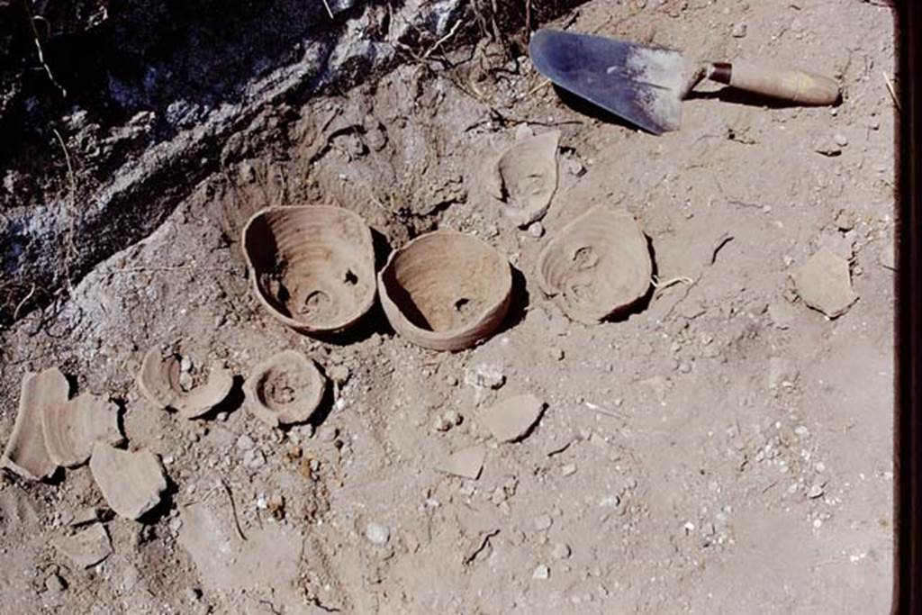 I.15.1 or I.15.3 Pompeii. 1972. Fragments of terracotta pots slowly coming to light from the soil. Photo by Stanley A. Jashemski. 
Source: The Wilhelmina and Stanley A. Jashemski archive in the University of Maryland Library, Special Collections (See collection page) and made available under the Creative Commons Attribution-Non Commercial License v.4. See Licence and use details. J72f0646
