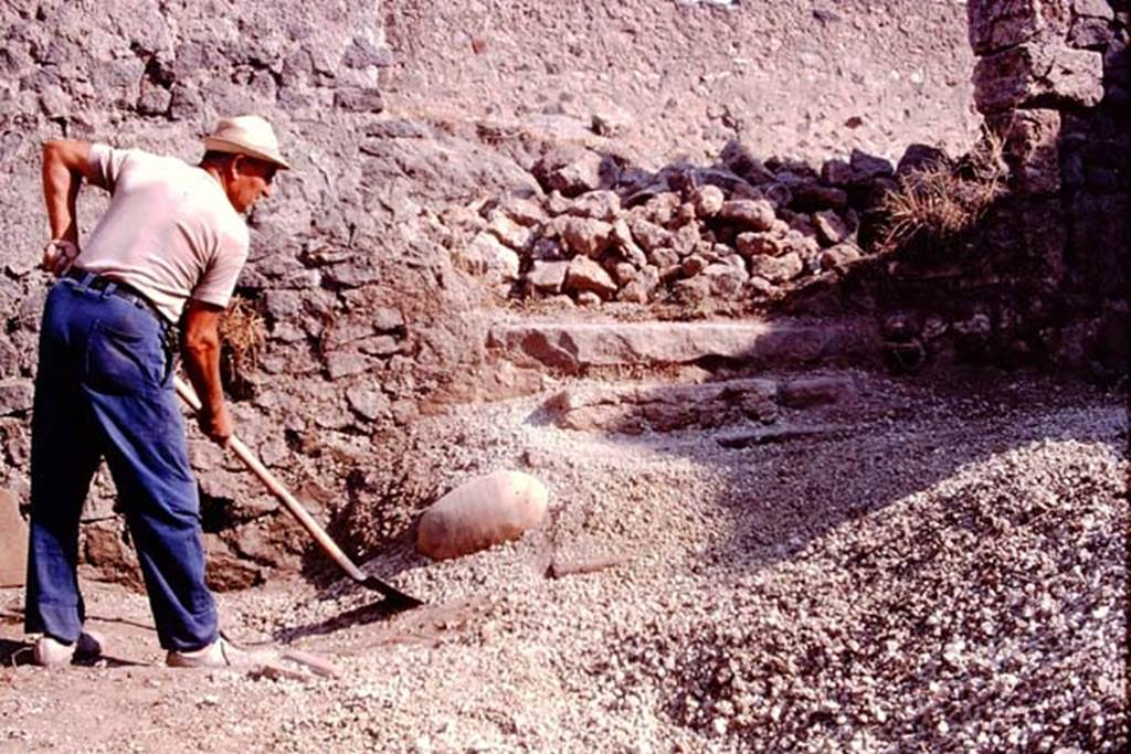 I.21.3 Pompeii. 1974. Looking north to steps re-emerging, leading from Via della Palestra. Photo by Stanley A. Jashemski.   
Source: The Wilhelmina and Stanley A. Jashemski archive in the University of Maryland Library, Special Collections (See collection page) and made available under the Creative Commons Attribution-Non Commercial License v.4. See Licence and use details. J74f0253
