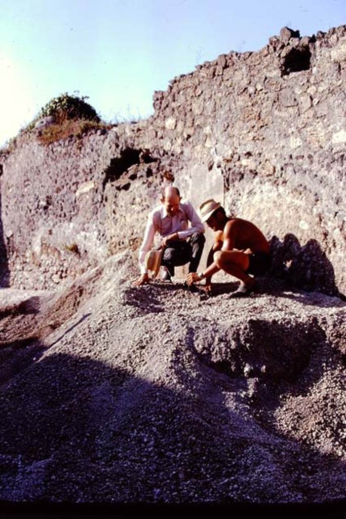 I.21.3 Pompeii. 1974. Stanley watching the careful work on top of the lapilli. Photo by Stanley A. Jashemski.   
Source: The Wilhelmina and Stanley A. Jashemski archive in the University of Maryland Library, Special Collections (See collection page) and made available under the Creative Commons Attribution-Non Commercial License v.4. See Licence and use details. J74f0298
