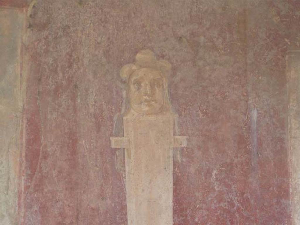 II.2.2 Pompeii. May 2011. Room “i”, wall painting of herm on north wall of upper euripus, on east side of “myths” room doorway. Photo courtesy of Buzz Ferebee.