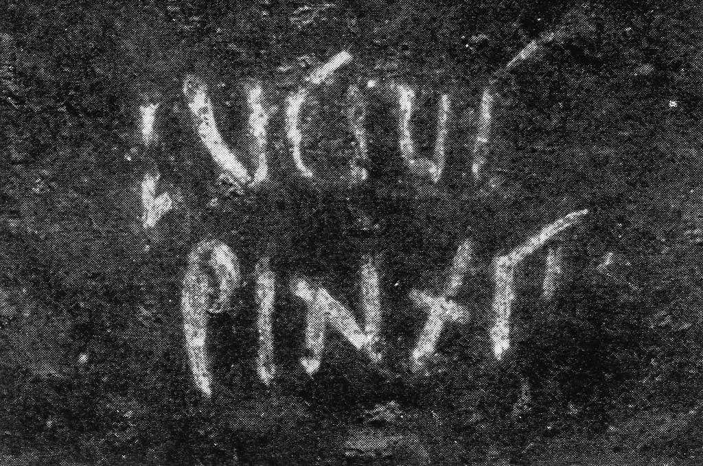 II.2.2 Pompeii. Room “k”, Lucius Pinxit (Lucius painted (this)). CIL IV 7535.
Signature on right (south) side of couch of biclinium. No longer visible. Photograph courtesy of Francesca Tronchin. 
See CIL IV 7535 and figure 460 from Pompei alla luce degli Scavi Nuovi di Via dell’Abbondanza by Spinazzola.
