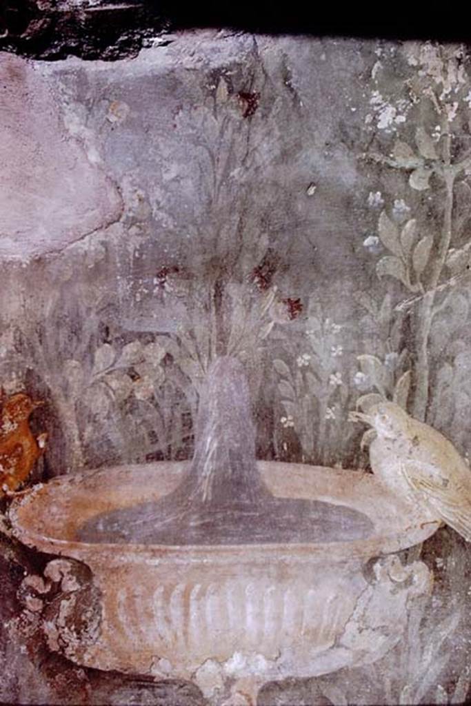 II.3.3 Pompeii. 1966. Room 11, detail of bird on fountain from painted panel on exterior wall of room 10. 
Photo by Stanley A. Jashemski.
Source: The Wilhelmina and Stanley A. Jashemski archive in the University of Maryland Library, Special Collections (See collection page) and made available under the Creative Commons Attribution-Non Commercial License v.4. See Licence and use details.
J66f1074
