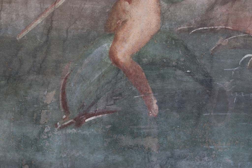 II.3.3 Pompeii. September 2017. Room 11, detail of cupid/amorino riding on a dolphin. Photo courtesy of Klaus Heese. 