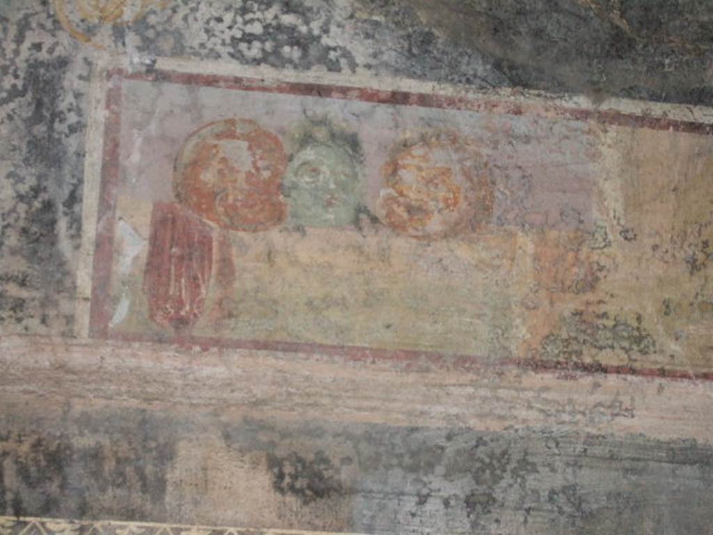 II.3.3 Pompeii.   December 2005.  Room 6, Triclinium.  South wall.  Still life with masks.  See Bragantini, de Vos, Badoni, 1981. Pitture e Pavimenti di Pompei, Parte 1. Rome: ICCD.  (p.222).