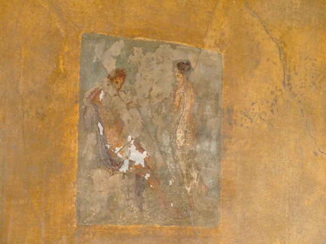 II.3.3 Pompeii. March 2009. Room 9, north wall with wall painting of Apollo and Daphne.