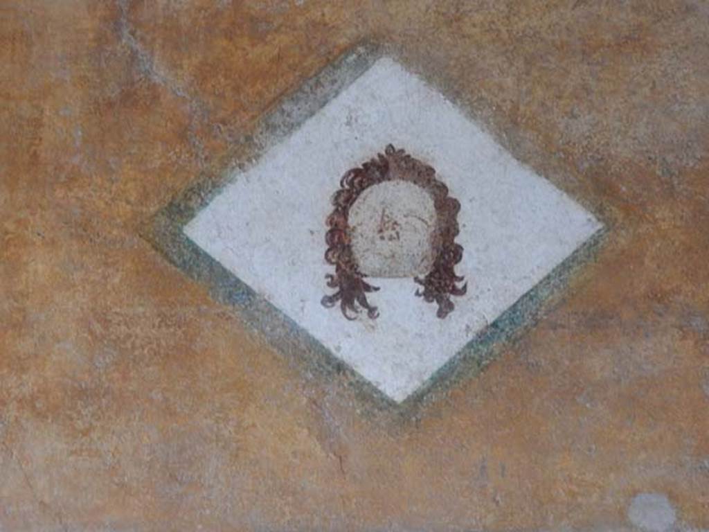 II.3.3 Pompeii. May 2016.  Room 11, painted face from north end of upper west wall of west portico, above doorway to room 12.  Photo courtesy of Buzz Ferebee.
