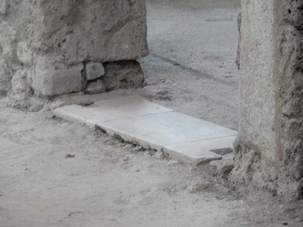 II.4.10 Pompeii. June 2019. Threshold to doorway to room on west side of atrium.
Photo courtesy of Buzz Ferebee.
