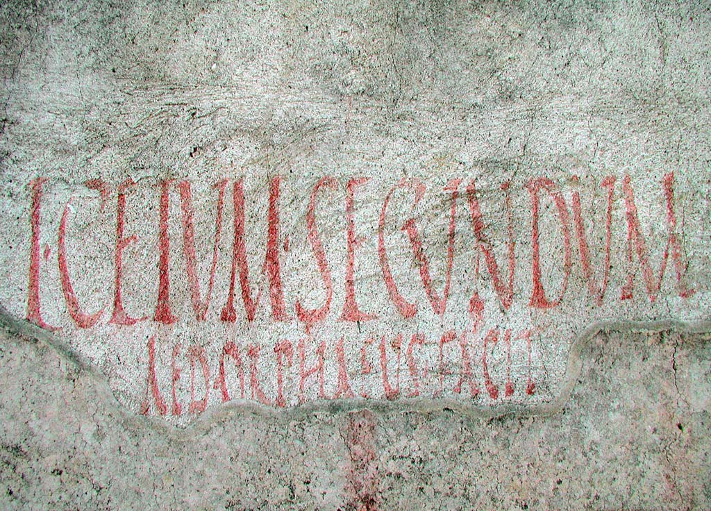 II.4.10 Pompeii. July 2014. Exterior west wall on north side of doorway with layers of painted inscription. The words are:
L•CEIVM•SECVNDVM / AED•ORPHAEVS•FACIT
Photo courtesy of Davide Peluso.
According to Epigraphik-Datenbank Clauss/Slaby (See www.manfredclauss.de) this reads
L(ucium) Ceium Secundum
aed(ilem) Orphaeus facit      [CIL IV 10952]
