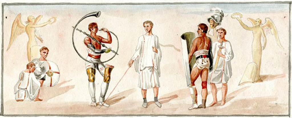 II.6 Pompeii. 1817 copy by Gell of painting on the low walls of the amphitheatre, now lost.
See Gell, W, and Gandy J. P., 1819.  Pompeiana. London: Rodwell and Martin, pl. LXX.  
According to Overbeck, this scene, which obviously shows the beginning of the contest, shows the armament of the gladiators. 
In the middle is the referee with long staff showing the circle of struggle.
To his right is a gladiator standing half-armed, behind whom are two comrades who hold his sword and helmet.
To the referee’s left is a semi-armed man who blows the battle horn. 
Crouching comrades behind him also hold helmet and shield ready for him. 
At either end in the background wait the winged victories.
The man who blows the battle horn (tuba) is a semi-armed gladiator and not a Tubicen (trumpeter) who would have been unarmed.
See Overbeck J., 1884. Pompeji in seinen Gebäuden, Alterthümen und Kunstwerken. Leipzig: Engelmann, p. 183, fig. 107. 

Three similar bronze trumpets were excavated in V.2.c in January 1884 and are now in Naples Archaeological Museum. 


