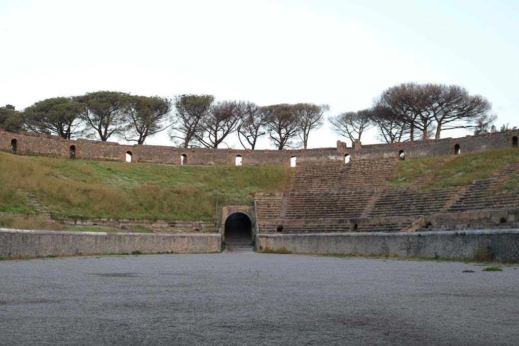 II.6 Pompeii. December 2018. Looking north across Amphitheatre towards entrance at north end. Photo courtesy of Aude Durand.