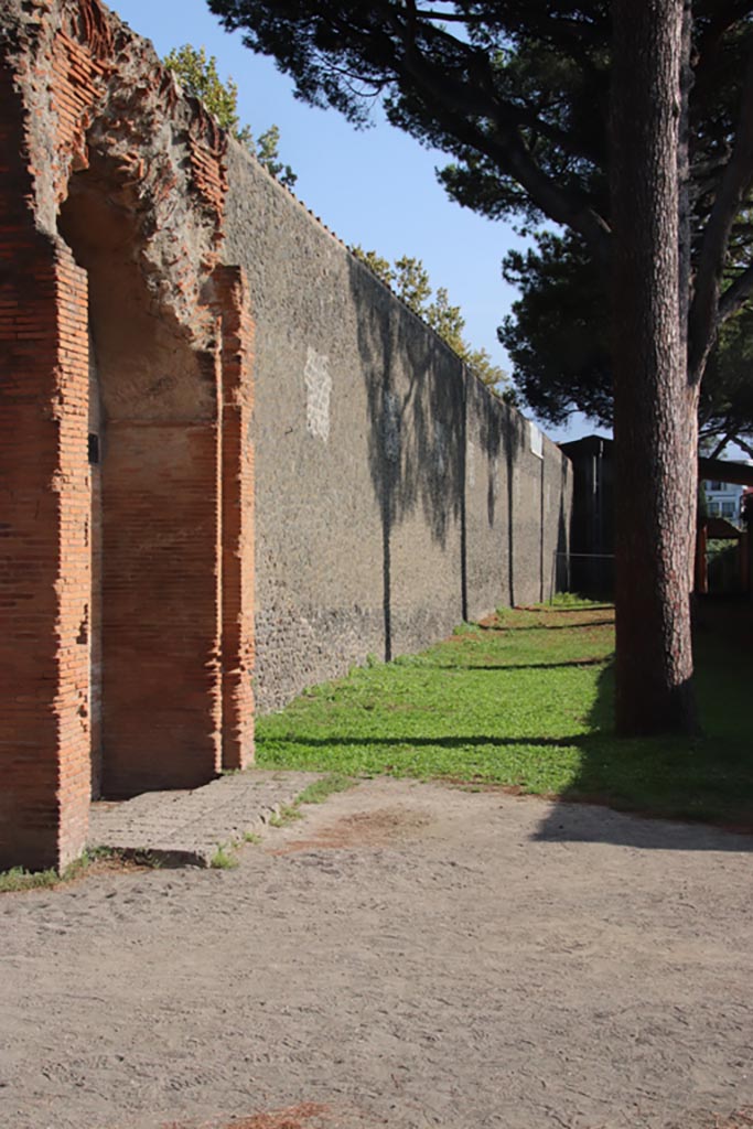 II.7.8 Pompeii, on left. Palaestra. October 2023. 
Looking south along west wall from doorway. Photo courtesy of Klaus Heese.
